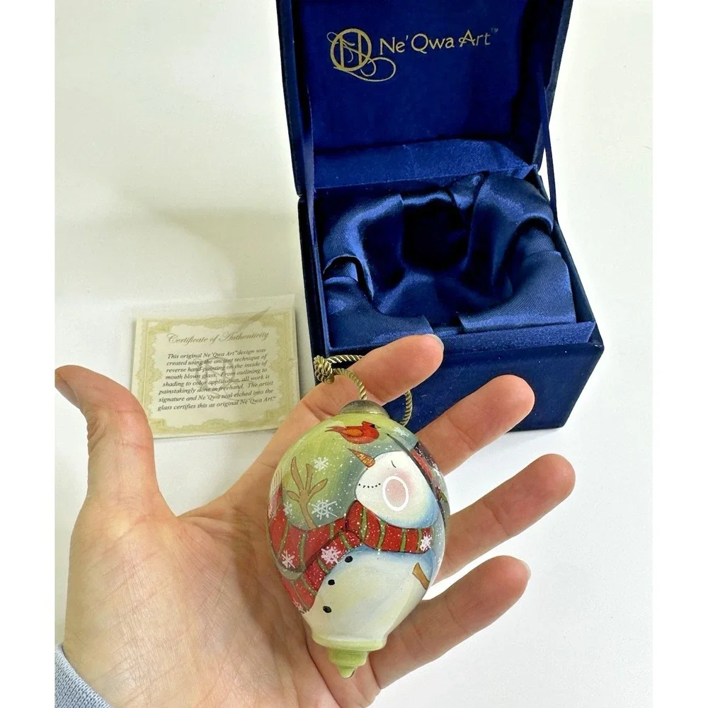 Ne'Qwa Art Hand painted Glass Christmas Ornament‎ Teardrop Snowman